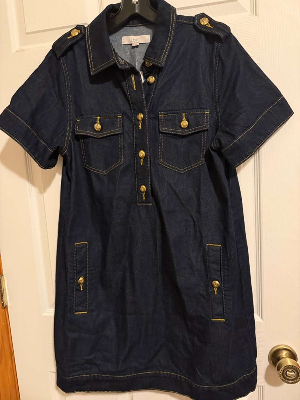 LOFT Dark Indigo Denim Shirt Dress with Gold Buttons